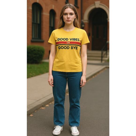 Forever 21 Yellow Good Vibes or Good Bye Graphic Special Wash T-shirt L - Picture 2 of 10